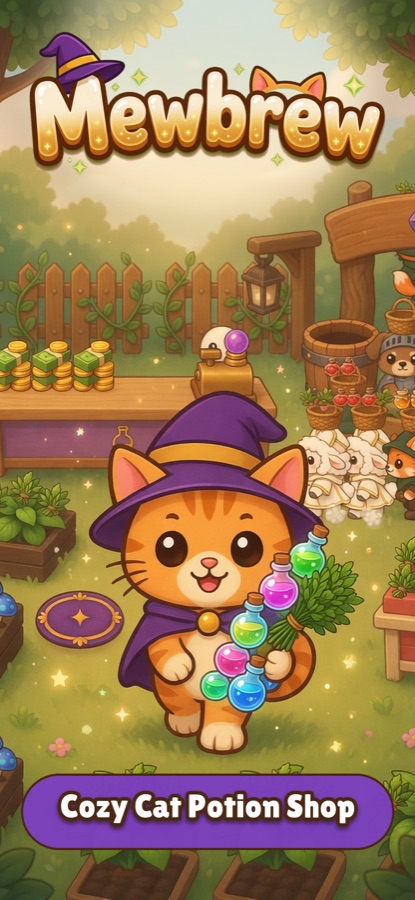 The cat witch holding colorful potions in front of her forest shop