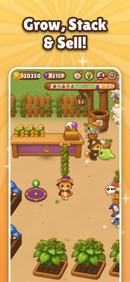 The cat witch carrying a tall stack of herbs past the shop stalls