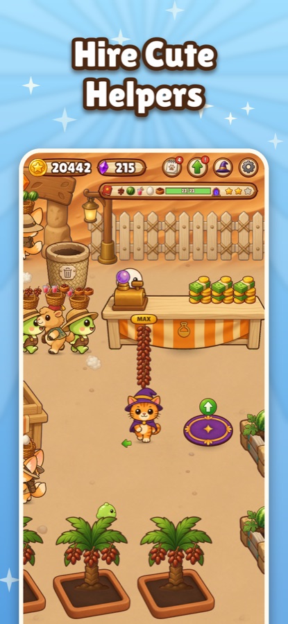 Animal helpers harvesting crops while customers line up at the counter