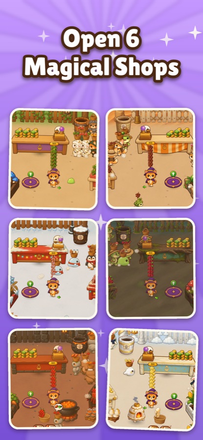 Six different shops: forest, desert, snow, swamp, volcano and sky