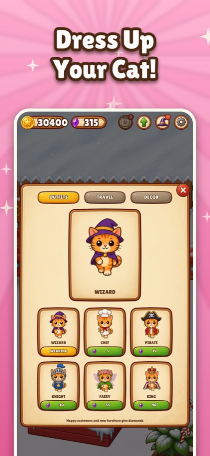 The outfits panel with wizard, chef, pirate and other outfits